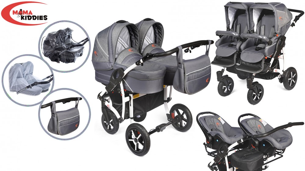 MamaKiddies TWIN 3az1-ben ikerbabakocsi kiegészítőkkel világosszürke színben + Ajándék