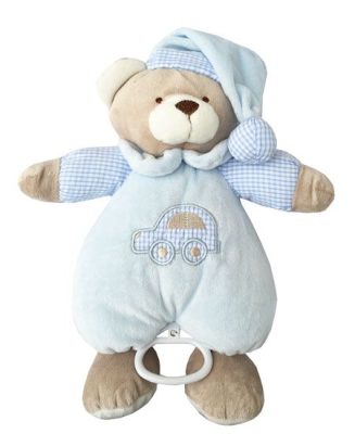 30 cm-es Plüss felhúzható és zenélő maci - kék színben