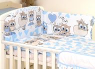   Mama Kiddies Baby Bear 5 részes babaágynemű 180°-os rácsvédővel kék-fehér színben baglyos mintával