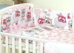   Mama Kiddies Baby Bear 5 részes babaágynemű 180°-os rácsvédővel pink-fehér színben baglyos mintával