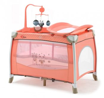 BOXING DAY - Mama Kiddies TravelStar emelhető magasságú utazóágy pelenkázóval barack színben + ajándék zenélő forgó játékokkal